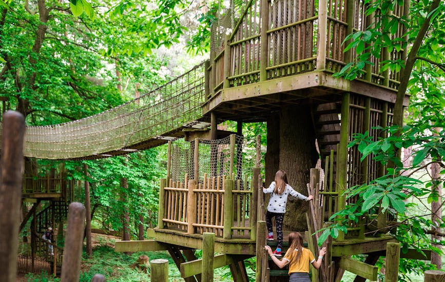 A father and his daughters climb the Broken Bridge at BeWILDerwood Norfolk
