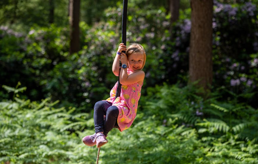A little girl wearing a pink top playing on a zip line at BeWILDerwood