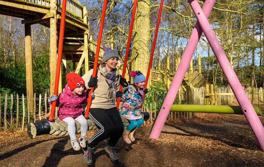 A family swing together on a large swing at BeWILDerwood